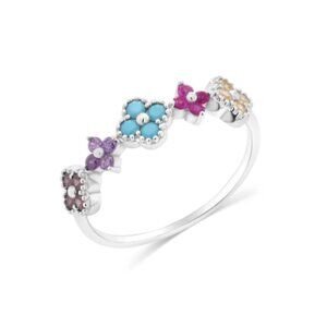 Sterling Silver 925 Rhodium Plated Multi Color CZ Flower Ring